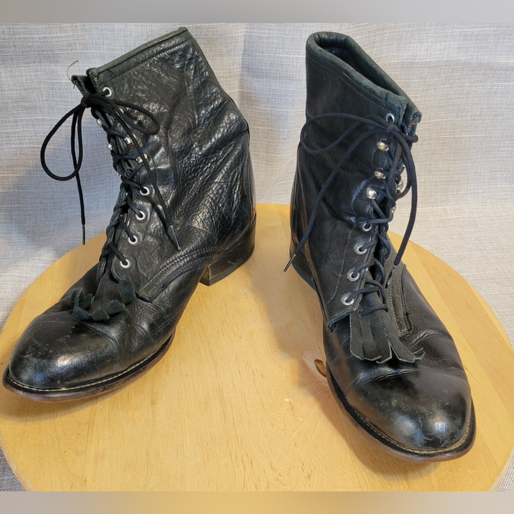 Vintage Laredo Leather Lace Up Boots Black Roper  W9.5 Made in USA